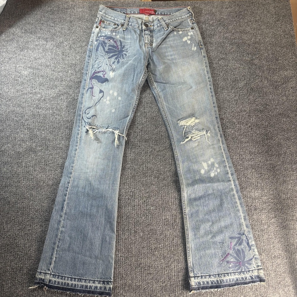 Hollister Jeans Juniors 5 Blue Wash Bootcut Distressed Floral Embroidered 27x30
